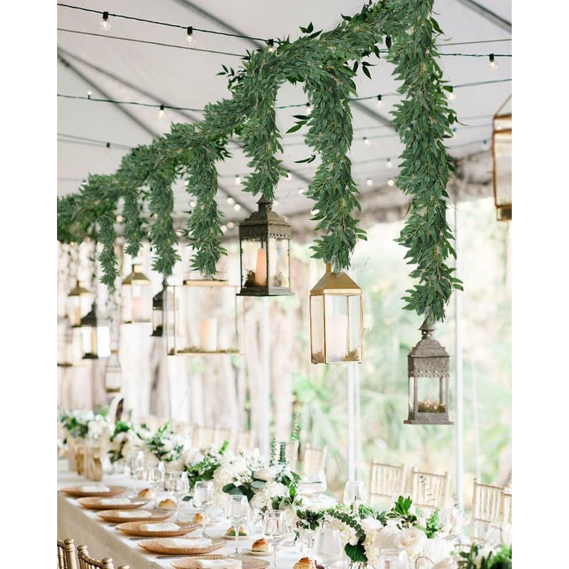 Artificial Willow Leaves Vine Twigs 2Pcs 6Ft Fake Hanging Plant Silk Willows Leaf Ivy Garland Faux Italian Ruscus Greenery Indoor Outdoor Wedding Arch Jungle Beach Birthday Party Garden Decor