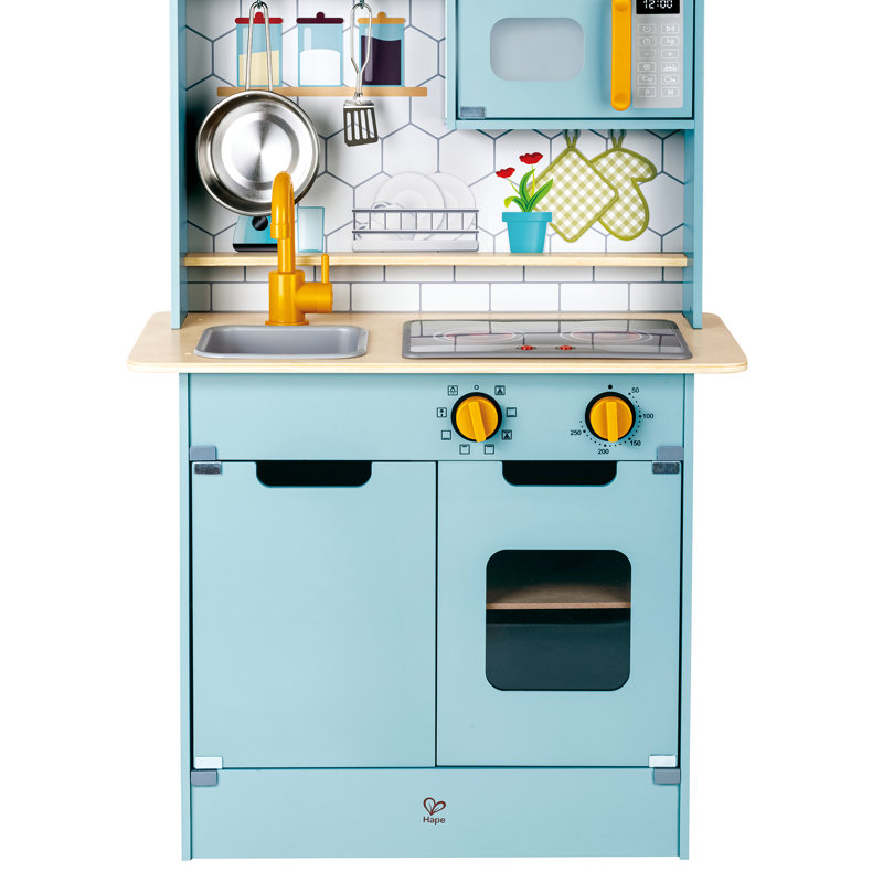 Hape: Ensemble de cuisine léger et sonore - Turquoise - Ensemble de cuisson en bois, micro-ondes, cuisinière, évier, poêle en métal et spatule, enfants de 3 ans et plus