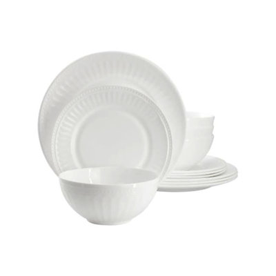12 Piece White Opal Glass Dinnerware Set, Break-resistant Plates And Bowls, Dishwasher And Microwave Safe, Service For Four