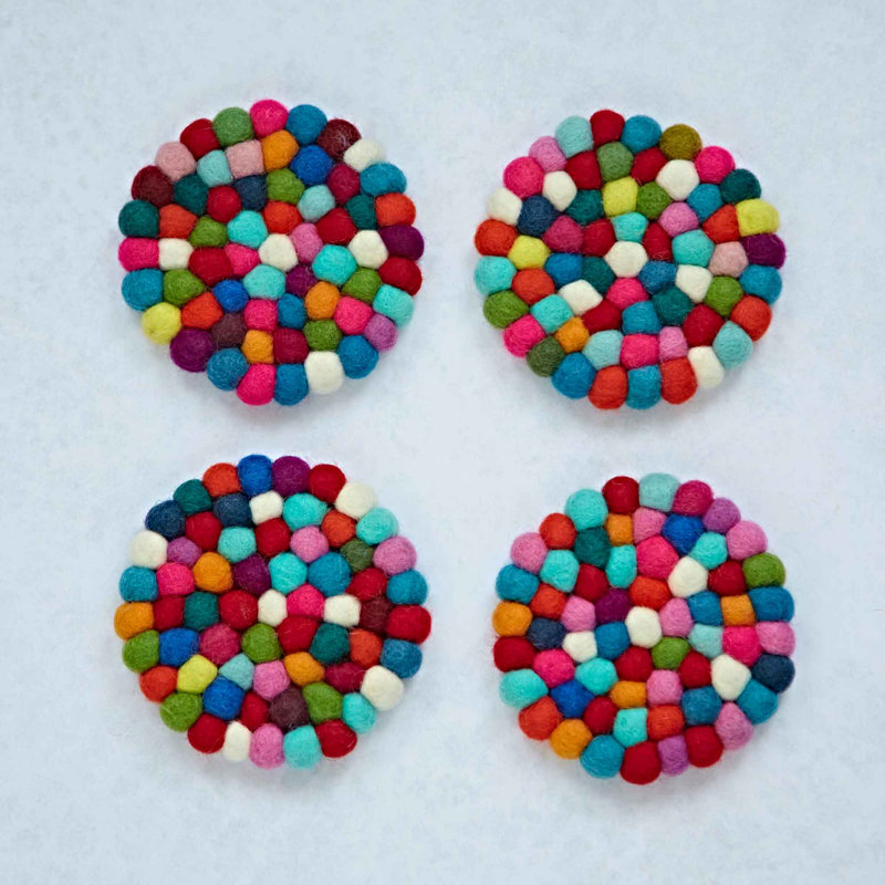 Handmade Felt Ball Coasters, Red/Blue/White