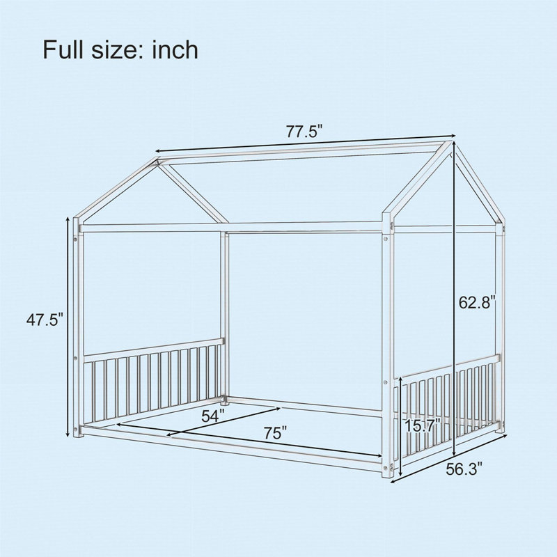 Structure de lit pleine grandeur en métal de style Montessori, lit en forme de maison avec barrières de sécurité verticales pour enfants et tout-petits