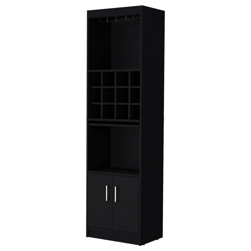 Black Bar Cabinet For Drinks - Engineered Wood, 15 Shelves, 2 Doors, 71.1x20x13.3 In Storage Inches, Black