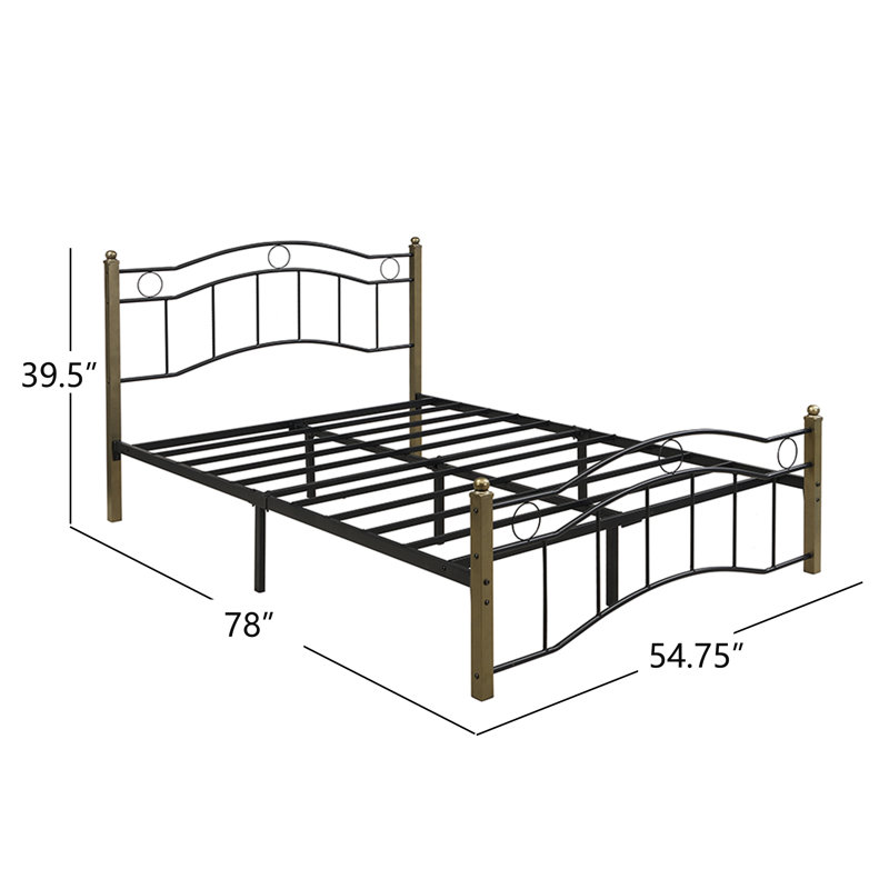 Structure de lit double en métal avec tête et pied de lit ondulés, lit plateforme contemporain en fer pour la chambre à coucher, noir et or