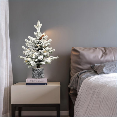 Prelit Artificial Christmas Tree, White-Toned Green, 4.5FT Compact Flocked with Warm LEDs for Tabletop Entryway Home Holiday Decor