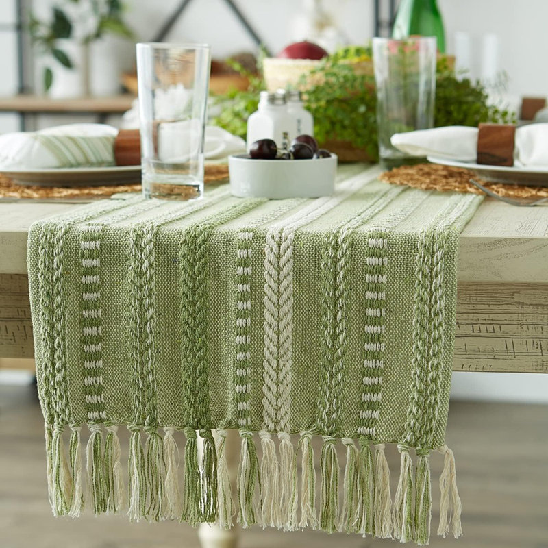 Chemin de table tressé à rayures - Vert antique - Décoration de maison de campagne / table tressée