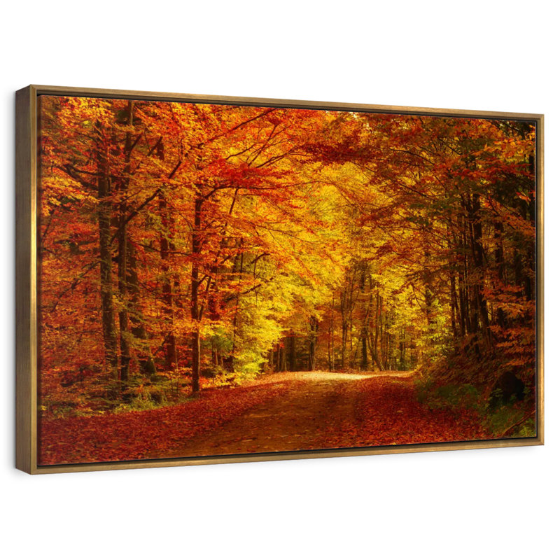 Forêt, arbres d'automne, 46 po x 31 po, Cadre flottant doré