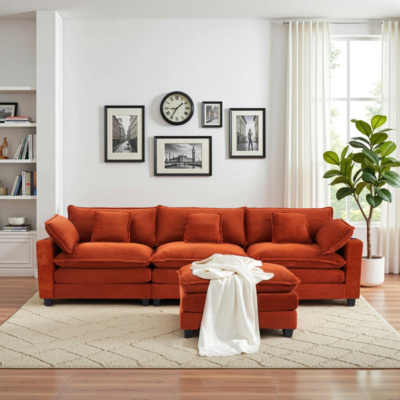 Corduroy 3-Seat Sectional Sofa - Modular Sleeper with USB Ports, Cup Holders, Armrest Cushions & Ottoman, Comfy Upholstered for Living Room, Apartment, Office