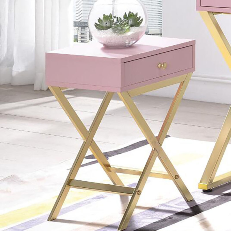 Rectangular Side Table With One Drawer, Pink, Gold