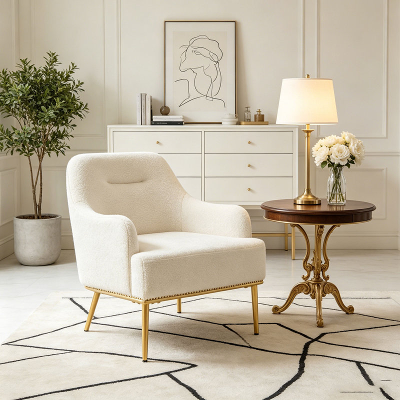 Fauteuil moderne rembourré avec pieds dorés