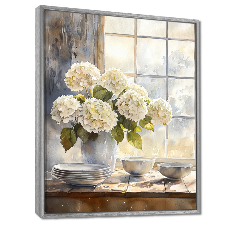 Hortensias dans le coin-repas I - Hydrangea, art mural encadré, Argent argent, Reproduction avec cadre flottant