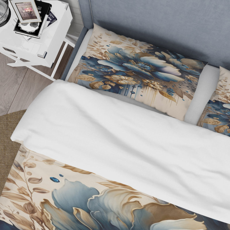 Bleu et or Floral Bunch III - Ensemble de housse de couette floral - Microfibre de polyester