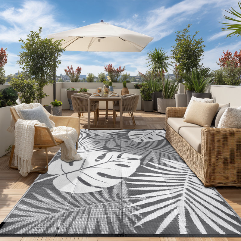 plant pattern indoor/outdoor garden patio rug waterproof grey white，leaves area rug, 6*9ft/183*274cm