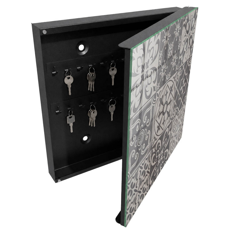 Decorative key box for wall, Opens to the right, 30x30x5, Black, Geometric mosaic patterns in shades of gray, 