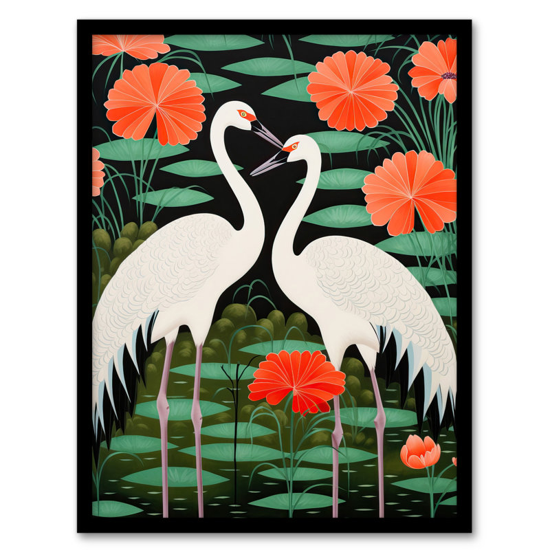 Carefree Cranes Green Orange Heron Bird - Single Picture Frame Print