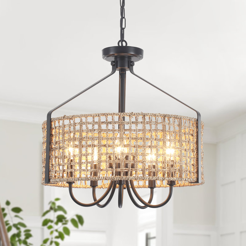5 - Light 18.35” Dimmable Metal Drum Rattan Bohemian Candle Chandelier With Seagrass Shade, Noir, noir, noir, noir