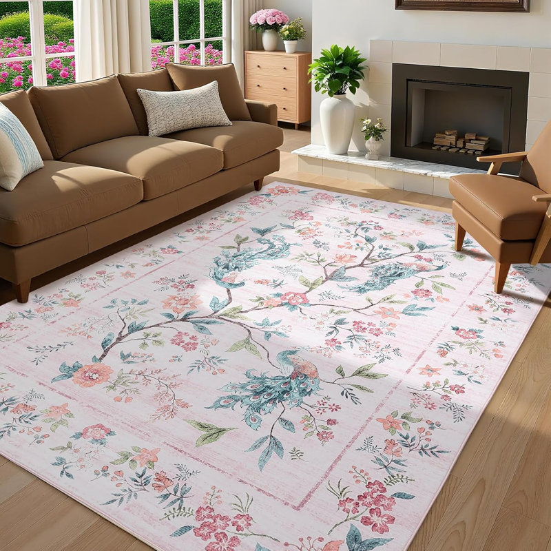 Washable Runner Rug – Floral Peacock Design, Non-Slip, Stain-Resistant Mat for Bedroom, Kitchen, Bathroom, Rectangle 9' x 12'