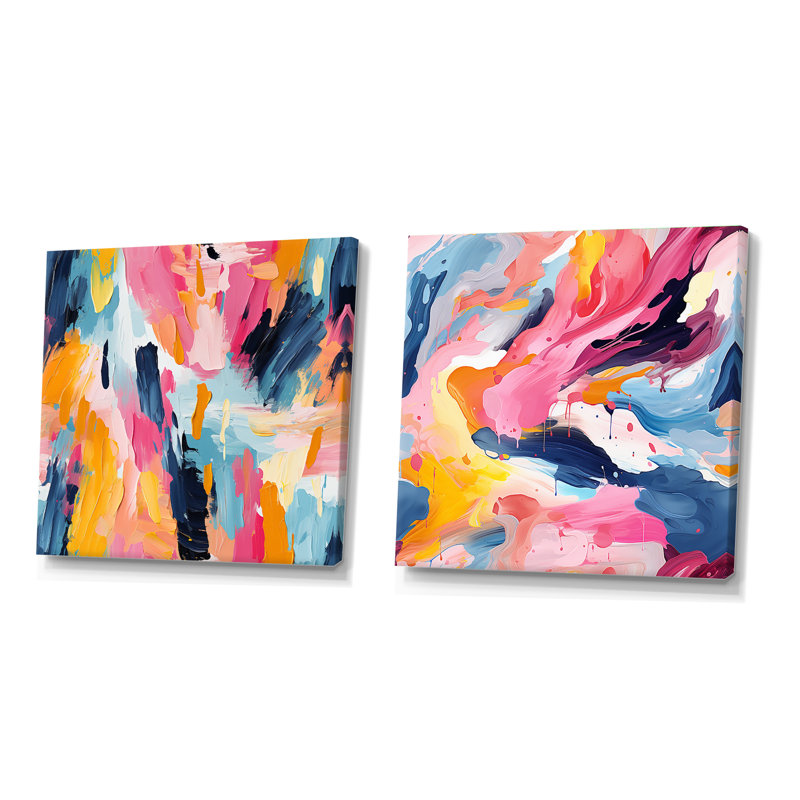 «Colorful Paint Swirl Bliss III», ensemble de 2 collages carrés abstraits, Toile tendue, H 16 po x l 33 po