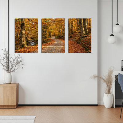 Ensemble de 3 tableaux sur toile tendue représentant un chemin forestier d'automne
