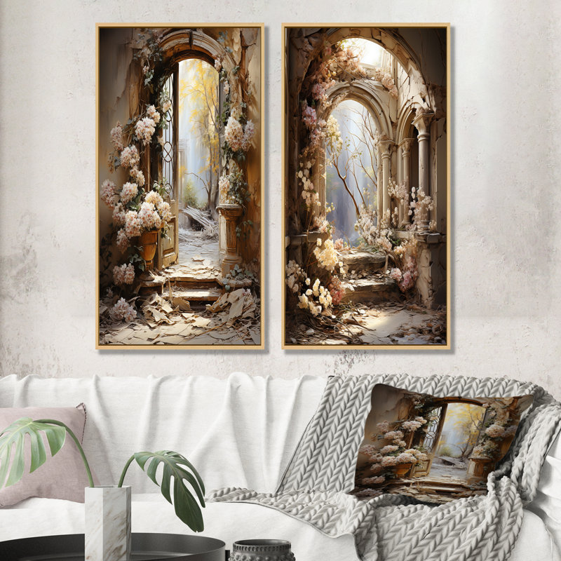 Ensemble de 2 ruines antiques Blooms II - Fantasy Wall Art, Encadrement brun, H 28 po x l 25 po
