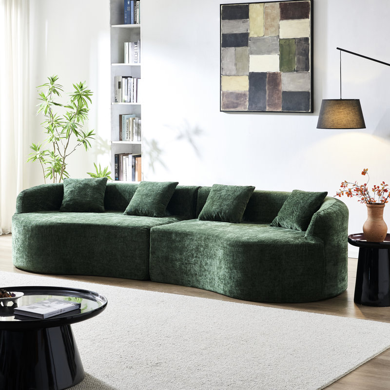 Canapé moderne à deux places incurvé, recouvert de chenille, mousse haute densité, sans assemblage, idéal pour les petits espaces, dossier capitonné et accoudoirs roulés en chenille, parfait pour les pièces de vie principales.