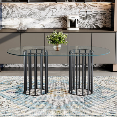Table de salle à manger ovale en verre trempé de 71 pouces de style luxueux à double colonne noire, en verre trempé résistant aux égratignures et facile à nettoyer. Convient pour une salle à manger de 6 à 8 personnes.