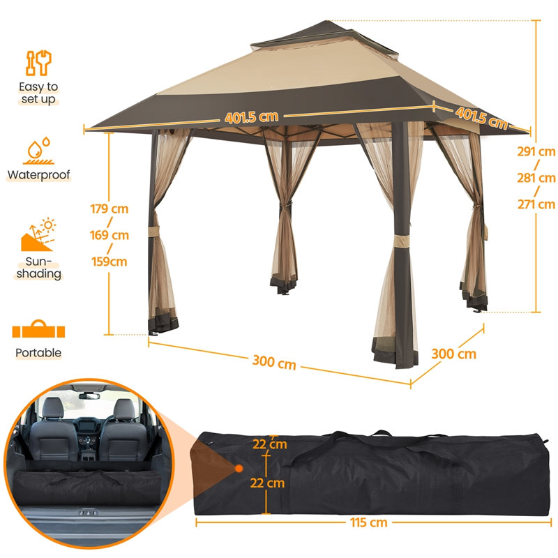 Metal Pop-Up Gazebo, 291cm H x 401.5cm W x 401.5cm D, Khaki/Brown