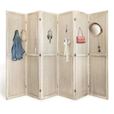 Folding Room Divider 5.6 Ft Wood Pegboard Display Room Divider Privacy Screen for Home Office by Beachcrest Home