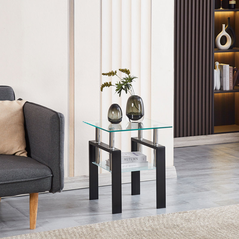 Table d'appoint en verre trempé transparent à 2 couches avec rangement - pour le salon, la salle à manger, le bureau et le bureau de bout compact pour les petits espaces