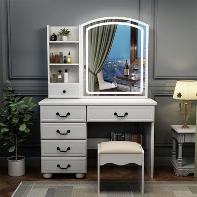 Bureau de coiffeuse Fashion avec miroir et lumières pour le maquillage, miroir de coiffeuse avec lumières et ensemble de table avec 3 couleurs d'éclairage, luminosité réglable, 6 tiroirs
