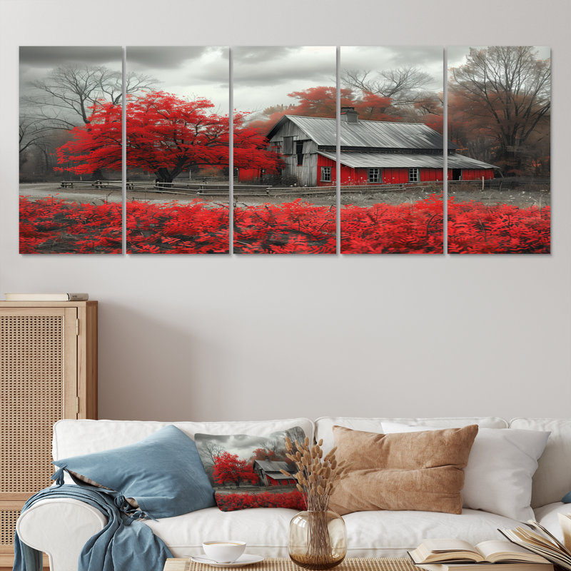 Rouge et gris Autumn Barn Refuge II - ensemble d'art sur toile de grange, H 32 po x l 80 po