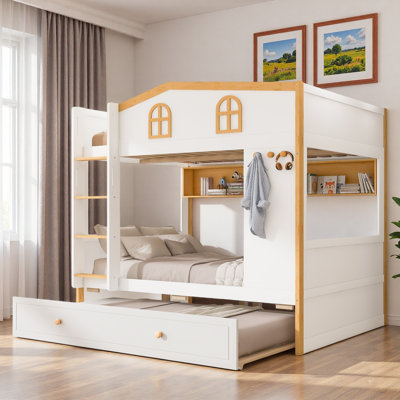 Lit superposé avec garde-corps en forme de maison, tablettes de rangement et lit gigogne