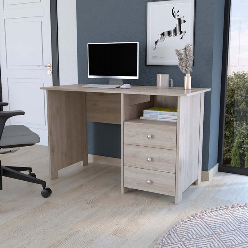Bureau d'écriture Brentwood avec trois tiroirs et une tablette de rangement ouverte