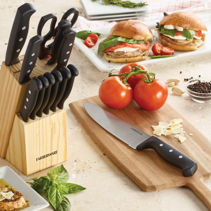 Farberware 22-Piece Never Needs Sharpening Triple Rivet Stainless Steel Knife Block and Kitchen Tool Set