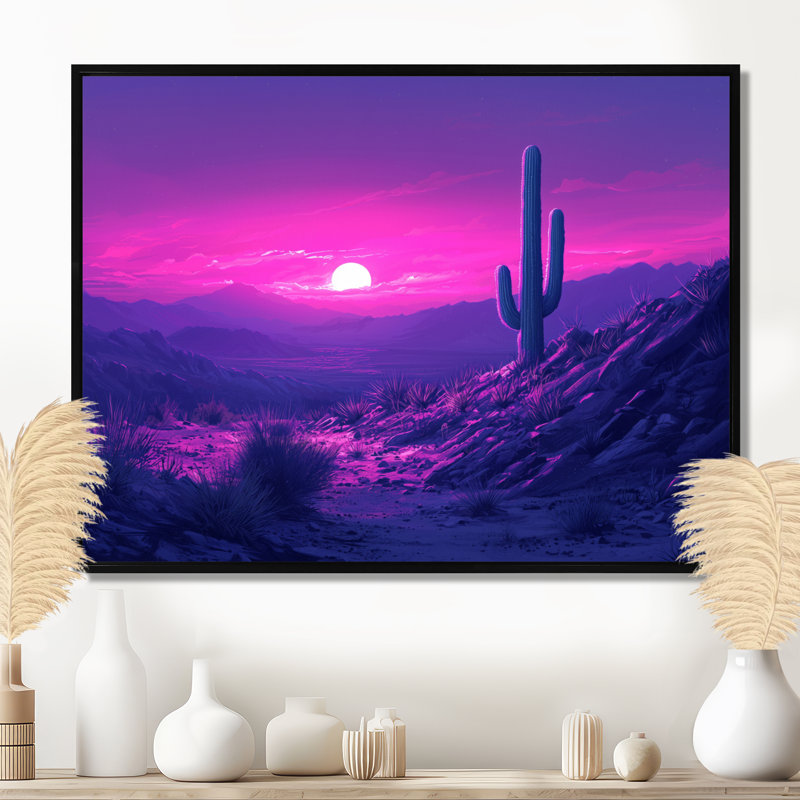 Lavande cactus au crépuscule II - art mural de cactus pour le salon, H 16 po x l 32 po, Cadre flottant, Noir
