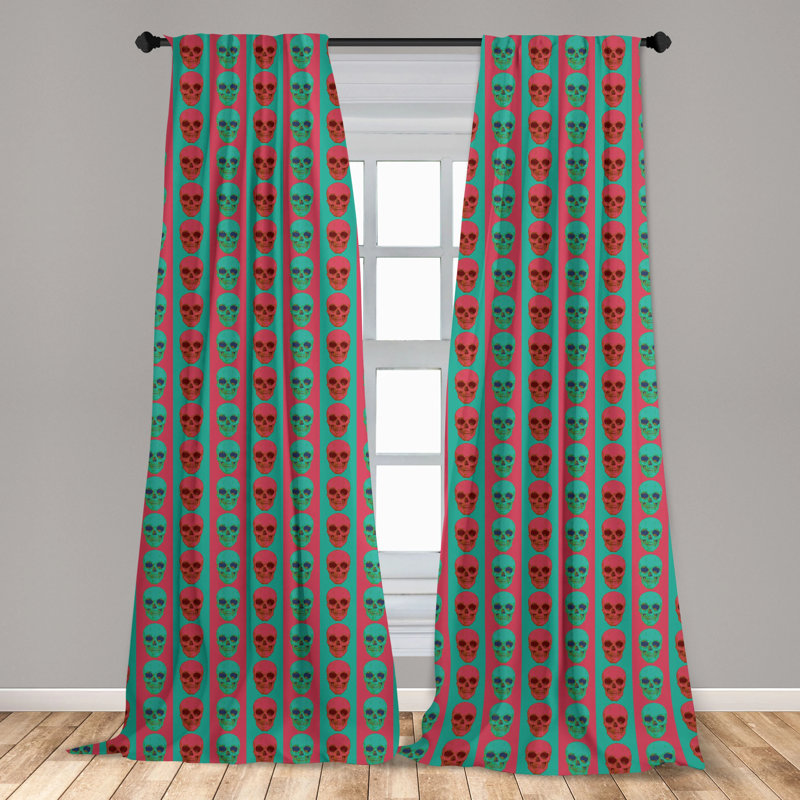 Jade Green and Magenta Skull Pattern Rod Pocket Curtains, 28" x 84"