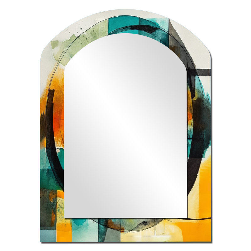 «Orange Abstracted Geometric Explorations V» - miroir décoratif asymétrique géométrique, miroir mural orange, impression sur métal