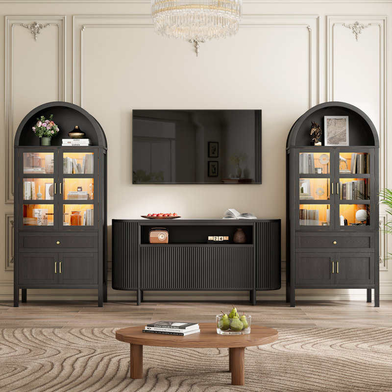 71'' Tall Full Wood Arched Bookcase with Glass Doors, Adjustable Shelves & LED Lights, Drawer, Bookshelf , Black
