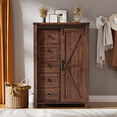 Farmhouse 5 Drawers Dresser Wood Rustic with Sliding Barn Door & Shelf