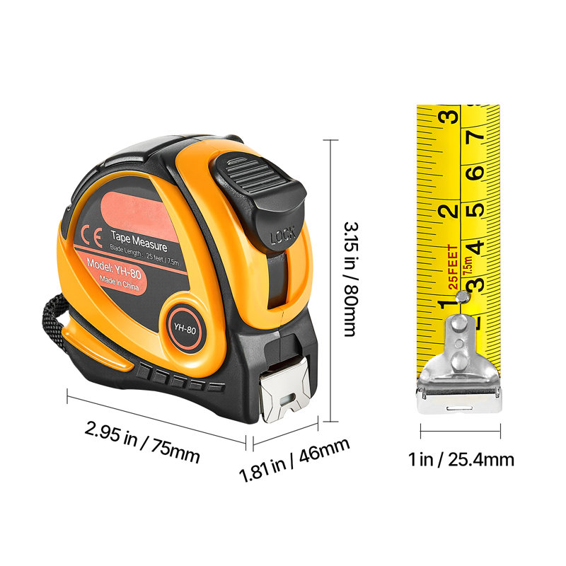 Tape Measure 7620 mm Length, Measuring Tape with Retractable, One-Touch Lock, Imperial and Metric ft/m Dual-Scale & ABS Case & Easy Read Steel Measurement Tool, for Outdoor,Decoration