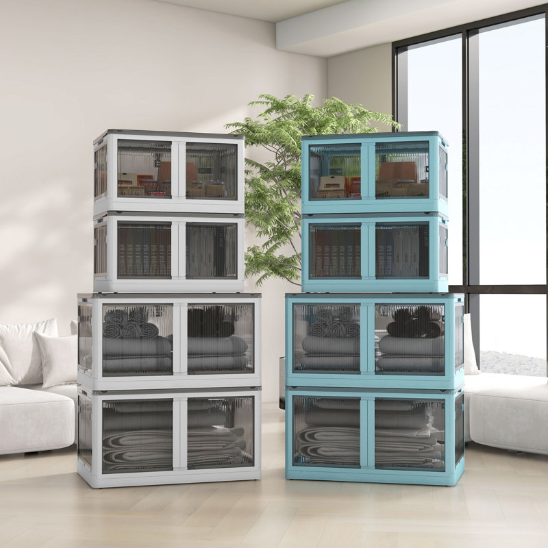 32 Gal Stackable Storage Bins With Lids, 3 Packs Collapsible Closet Organizers And Storage, Plastic Drawer Storage Container On Wheels With 5-Sided Access, Doors For Blankets