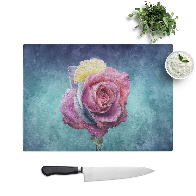 Tempered Glass Multi-Coloured Rose Flower Chopping Board, 20 cm x 28.5 cm