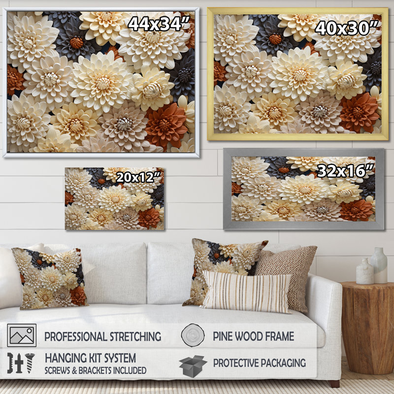 «Chrysanthemums White Mosaic Garden» sur toile, H 34 po x l 44 po x P 1,5 po, Cadre flottant noir