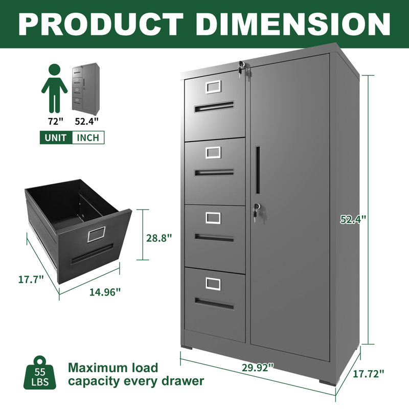 Steel Storage Cabinet With 4 Drawers, 1 Door, And Side Wardrobe, Easy To Clean, Ideal For Bedroom Vertical Filing Cabinet, Black, Made From Cold - Rolled Steel, Full Extension Bearing Suspension,