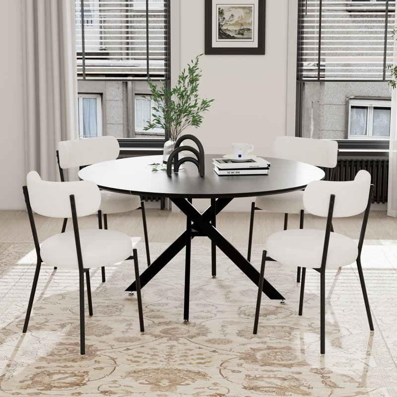 Ensemble de salle à manger à piédestal rond avec chaise Teddy, Noir, Blanc/Noir