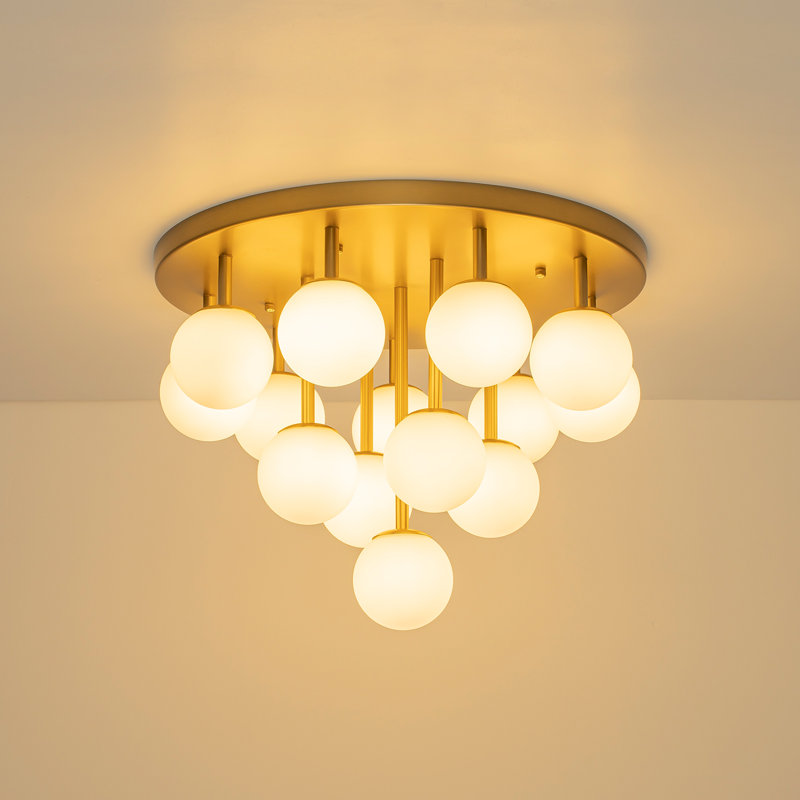 14-Light Brass Stacked Opal Glass Cluster Semi-flush Mount
