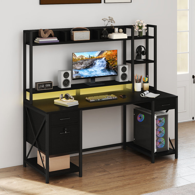 Bureau d'ordinateur avec prises de courant, lumières DEL et huche, Noir