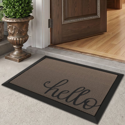 Tapis d'entrée extérieur 17 x 30 po, paillasson antidérapant en caoutchouc durable, tapis à profil bas facile à nettoyer pour le porche de la porte d'entrée arrière, Hello