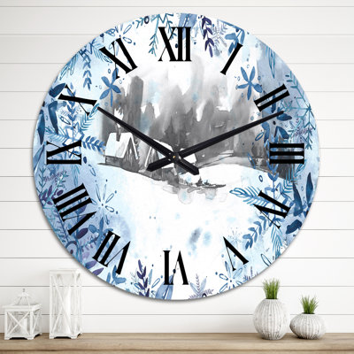 Christmas Winter Landscape in Blue White and Grey - Traditional Wall Clock