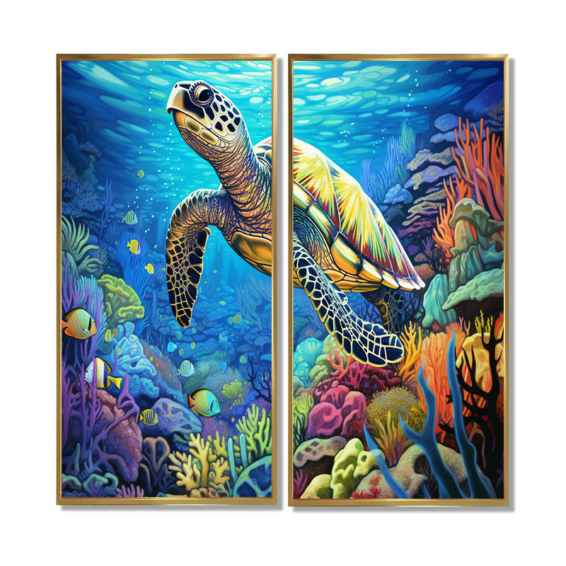 «Blue Sea Turtle World» - art mural bleu, H 20 po x l 24 po, Reproduction encadrée sans passe-partout, Doré