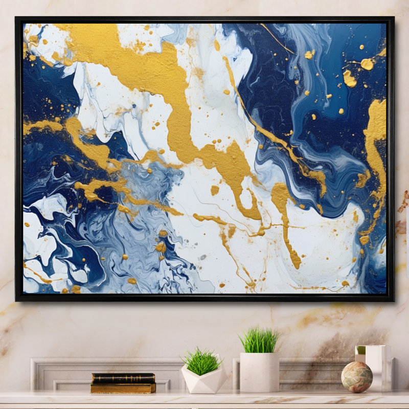 Bleu et or, art abstrait fluide de luxe, art mural fractal pour salon, H 16 po x l 32 po x P 1 po, Cadre flottant noir